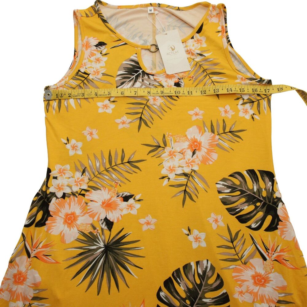 ACTCAT Women's Yellow Tropical Floral Sleeveless Keyhole Knit Midi Dress Size M - Picture 3 of 8